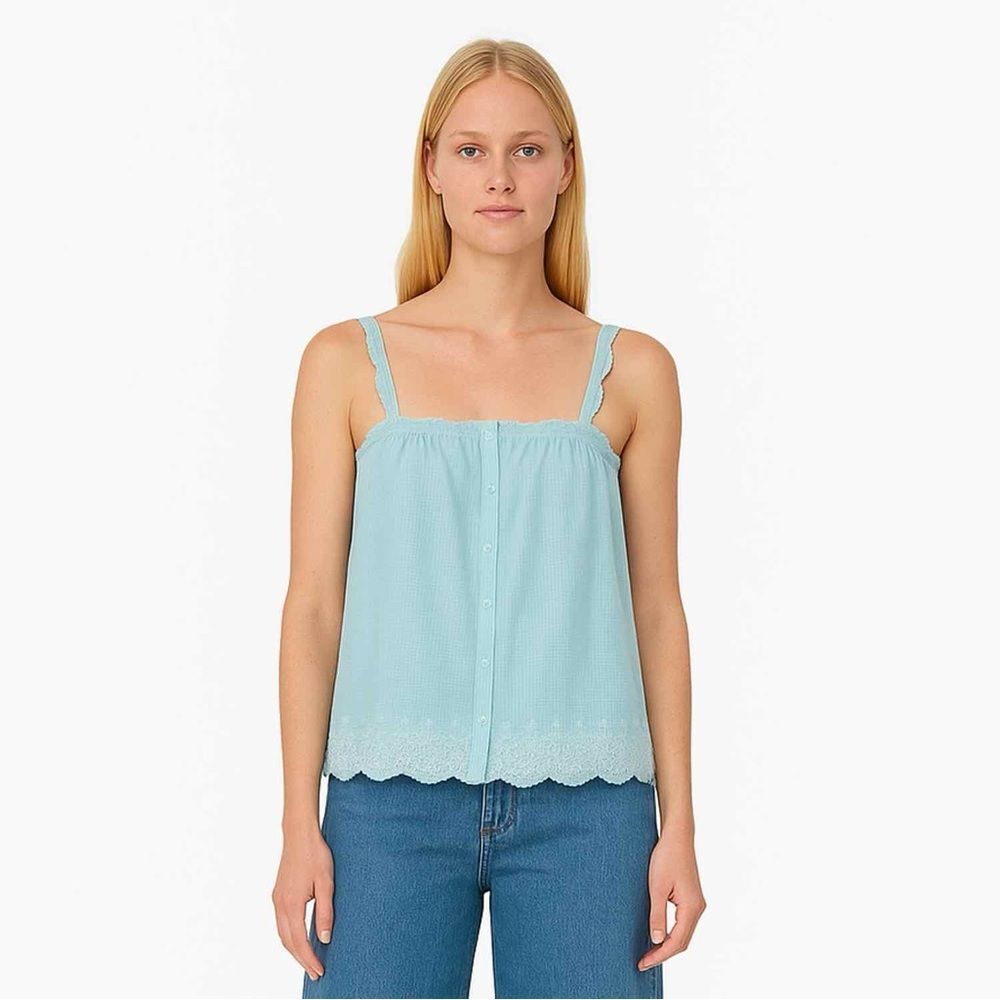 Lauren Ralph Lauren Sky Blue Plaid Embroidered Scalloped Button Up Tank Top
